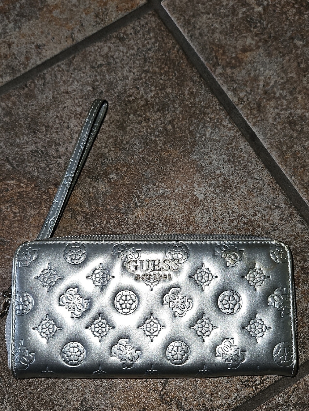 GUESS Metallic Silver Quilted Logo Wristlet Wallet